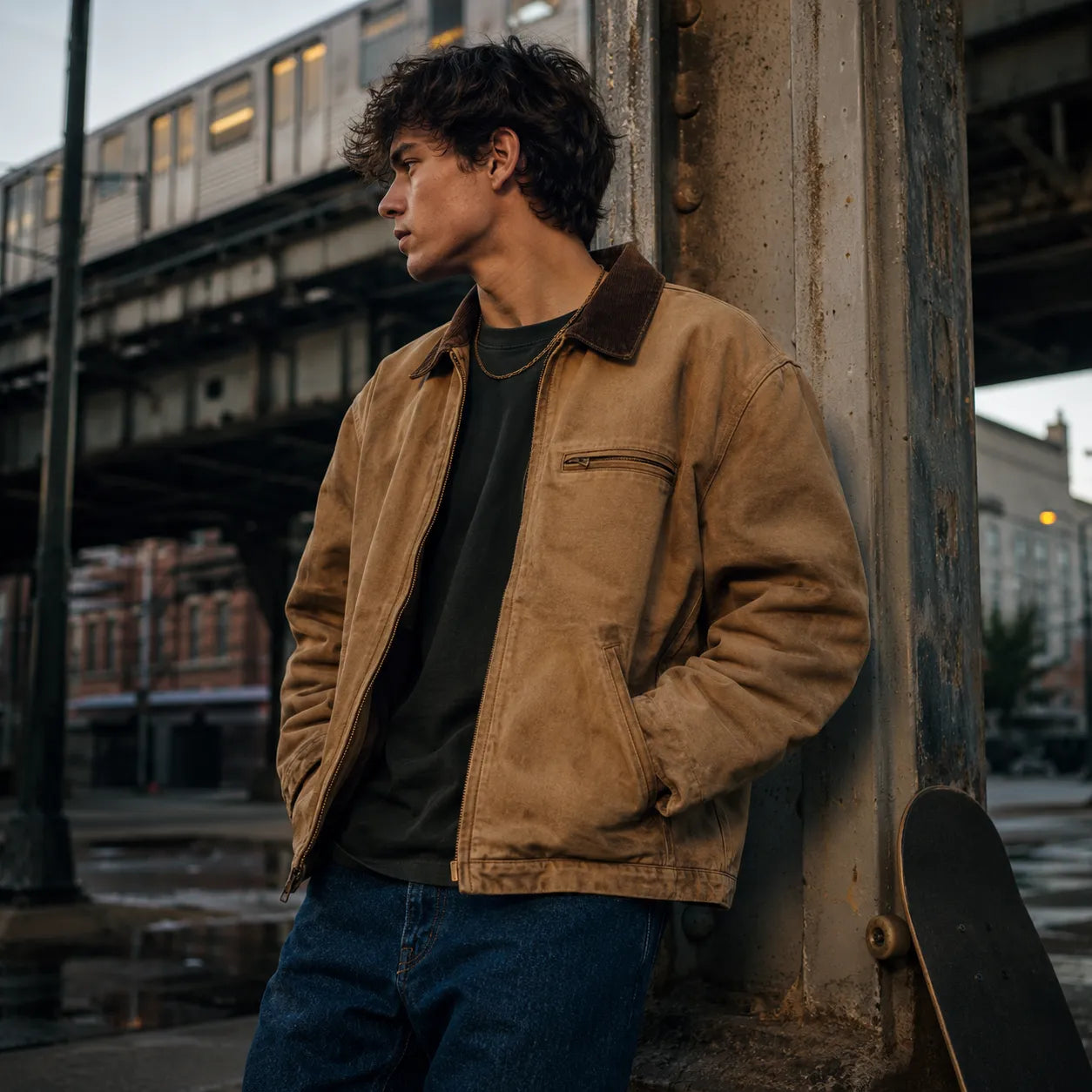 Model in een gedragen Carhartt WIP-workwearoutfit met canvas jas en broek