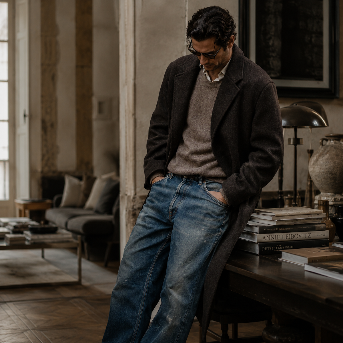Man in messy rich outfit — premium overshirt gecombineerd met versleten denim en geleefd schoeisel