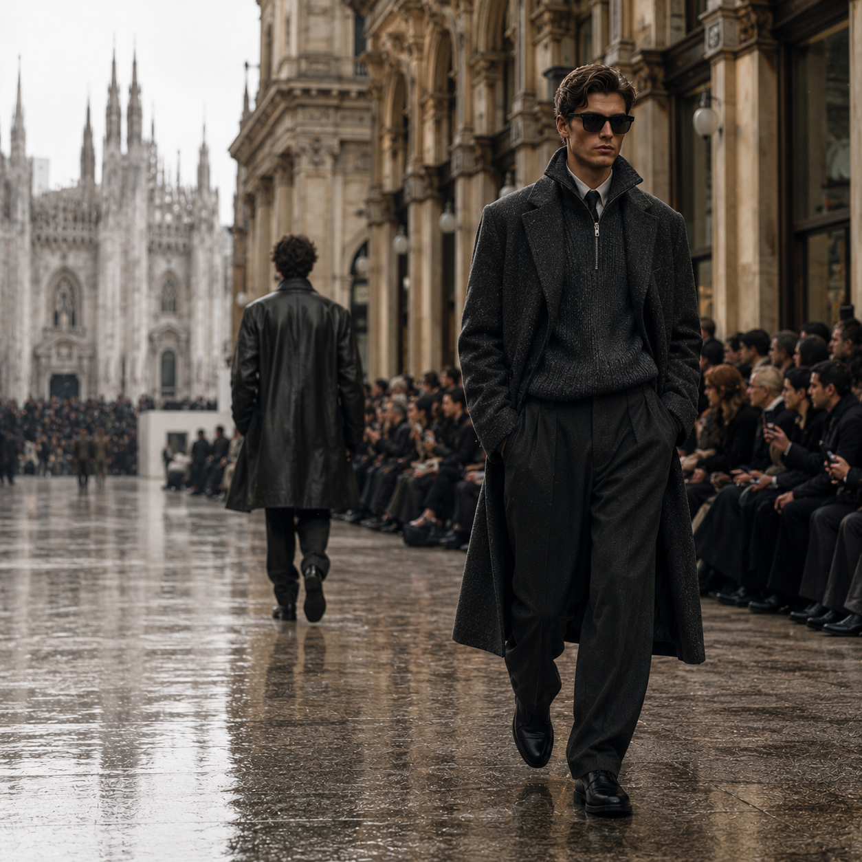 Milan Fashion Week FW26 herenmode — Prada, Dsquared2, Armani en Stone Island op de catwalk