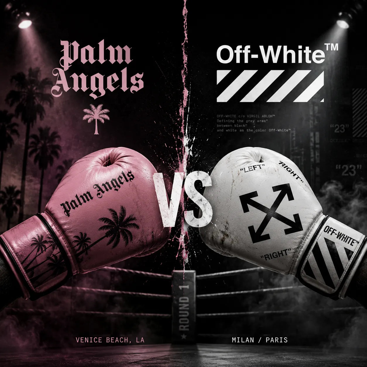 Palm Angels vs Off-White logo vergelijking — twee luxury streetwear merken