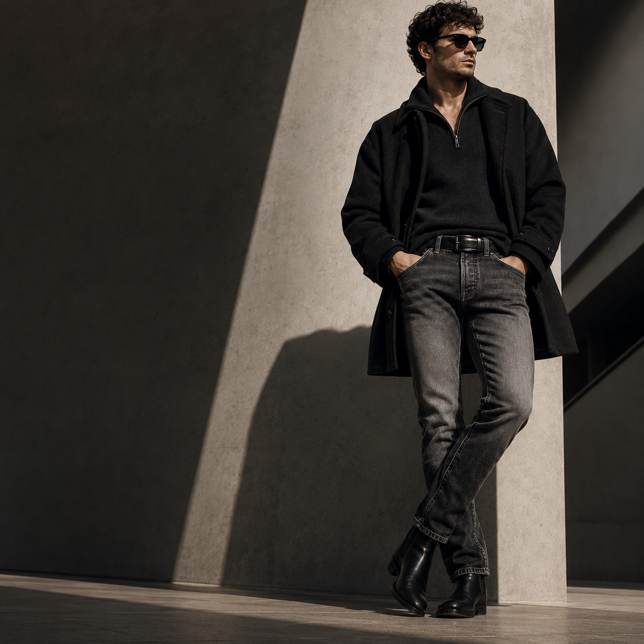 Slim fit herenmode 2026 — lean silhouet met straight-leg denim en gestructureerde jas