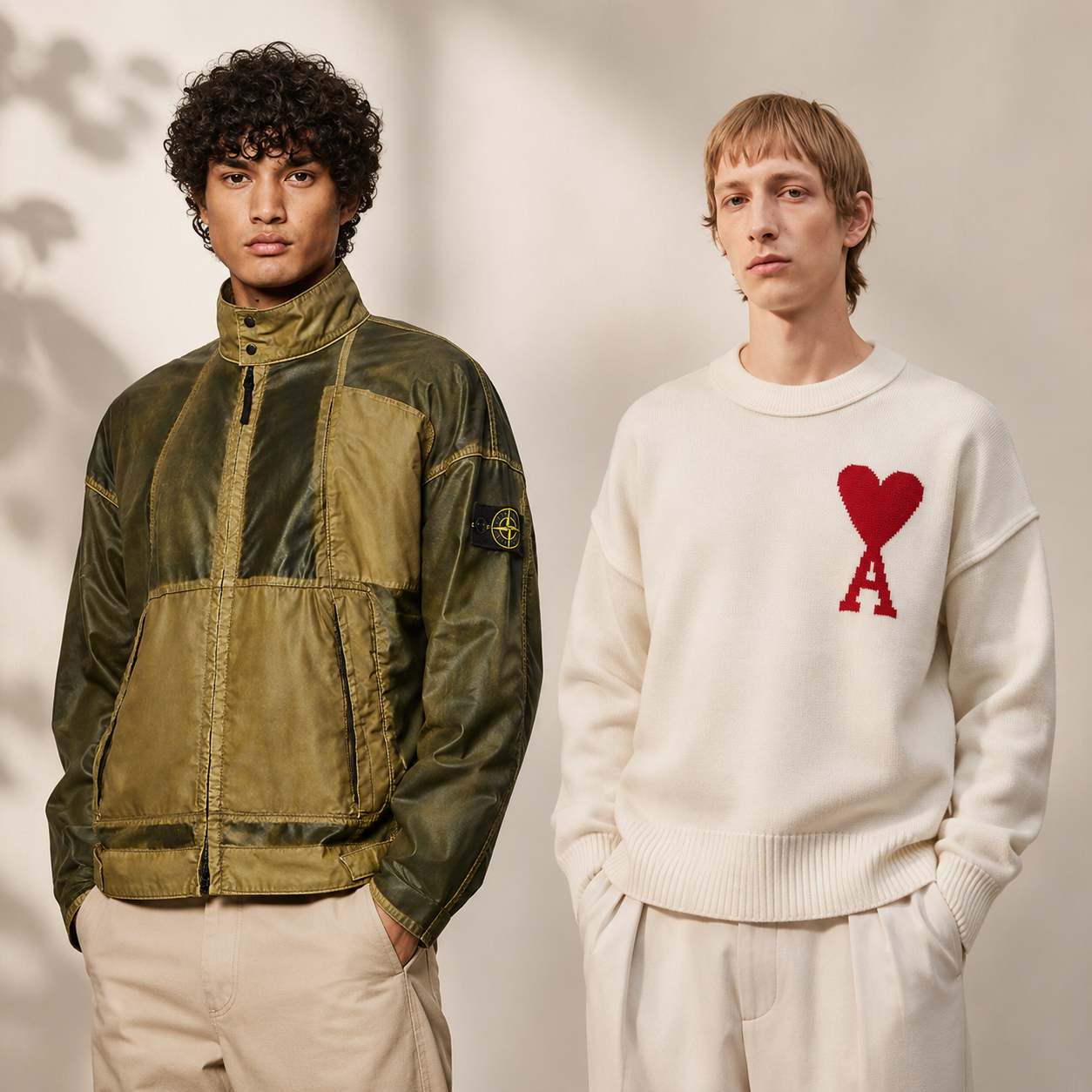 Stone Island en Ami Paris kledingstukken naast elkaar, voorbeeld van waarom designer kleding duur is