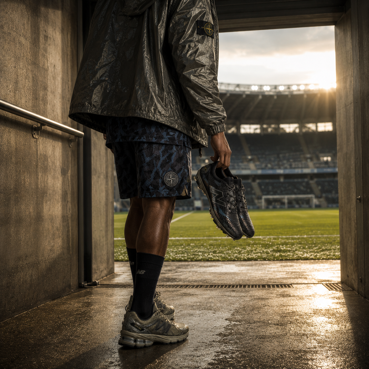 Stone Island x New Balance Summer 2026 capsule — ABZORB 1890 sneaker en Nylon Prismatico-TC jacket