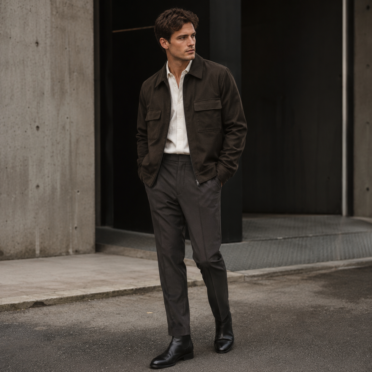 Man in gestructureerde workwear-outfit, voorbeeld van de toekomst van streetwear na de oversized trend