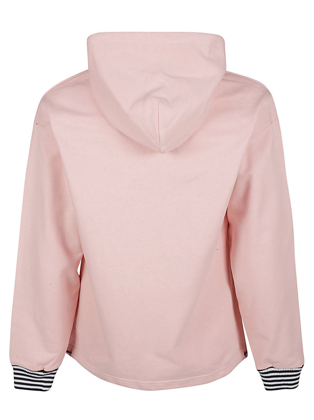 Achterkant van de roze Iuter hoodie zonder print, met zwart-wit gestreepte manchetten