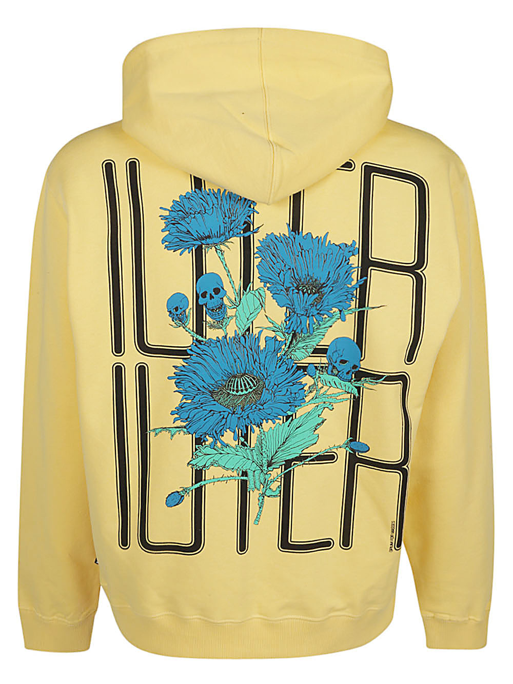 Rugprint met blauwe korenbloemen en schedels door het grote IUTER-logo