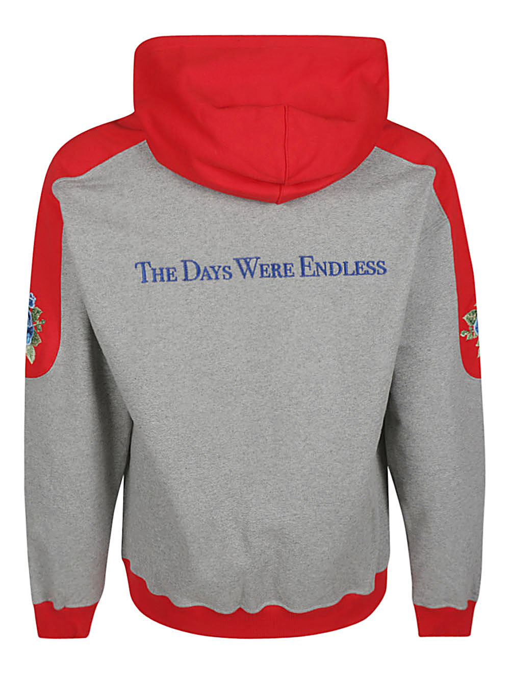 Achterkant van de hoodie met de geborduurde tekst The Days Were Endless in blauw