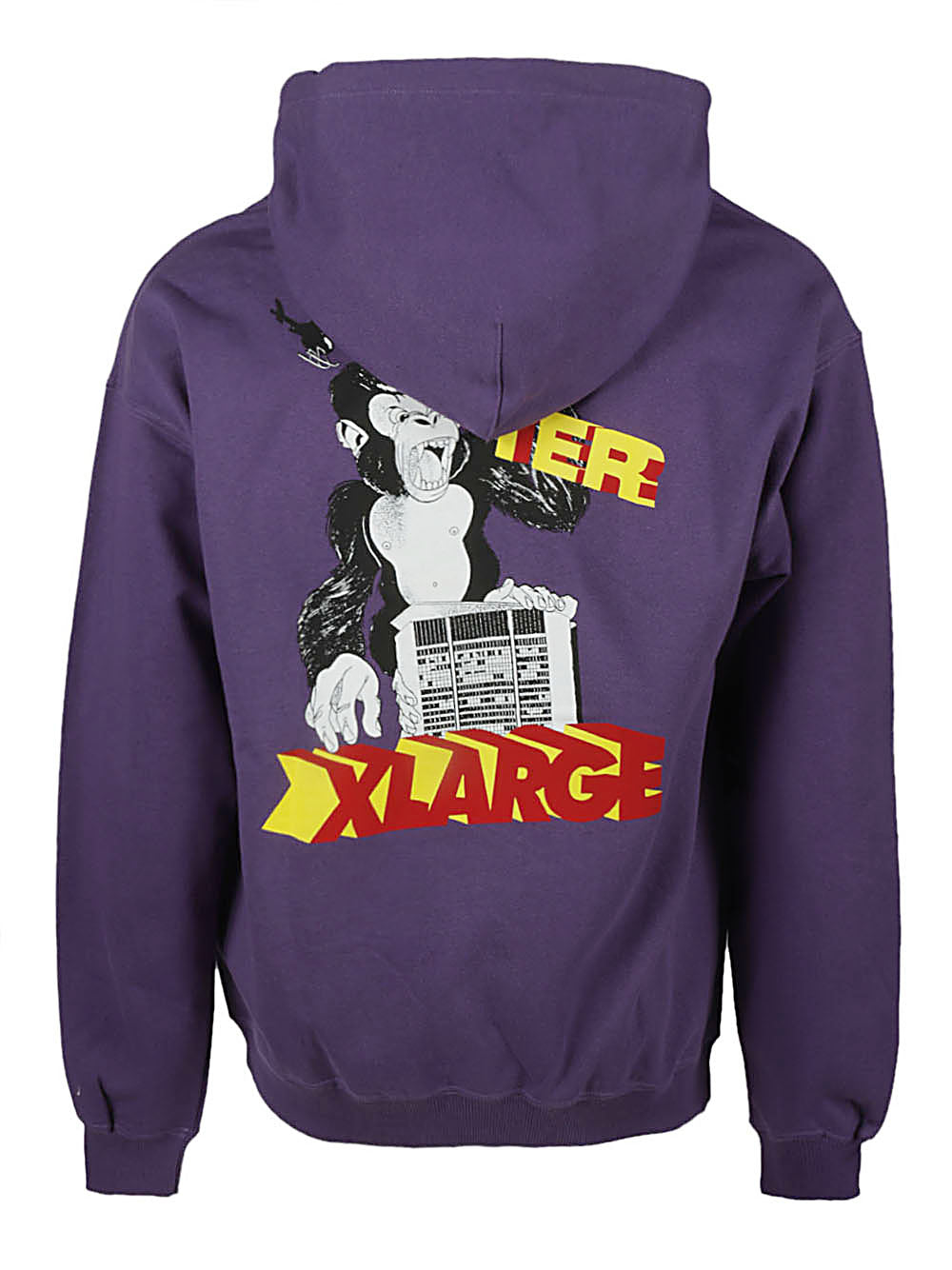 Achterkant van de violette hoodie met grote gorillaprint en XLarge-belettering