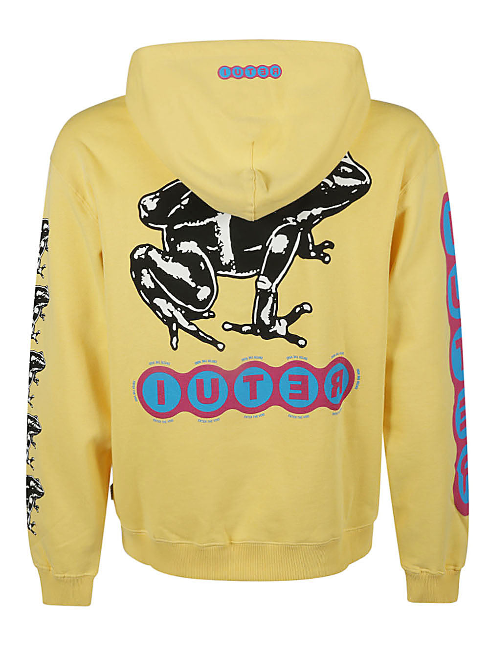 Achterkant van de gele Iuter hoodie met grote zwart-witte kikkerprint en logo in blauw en magenta