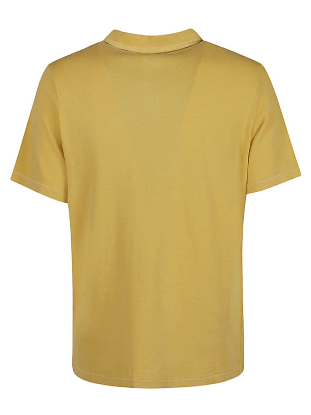 Achterkant van het okergele poloshirt met effen rug en rechte zoom