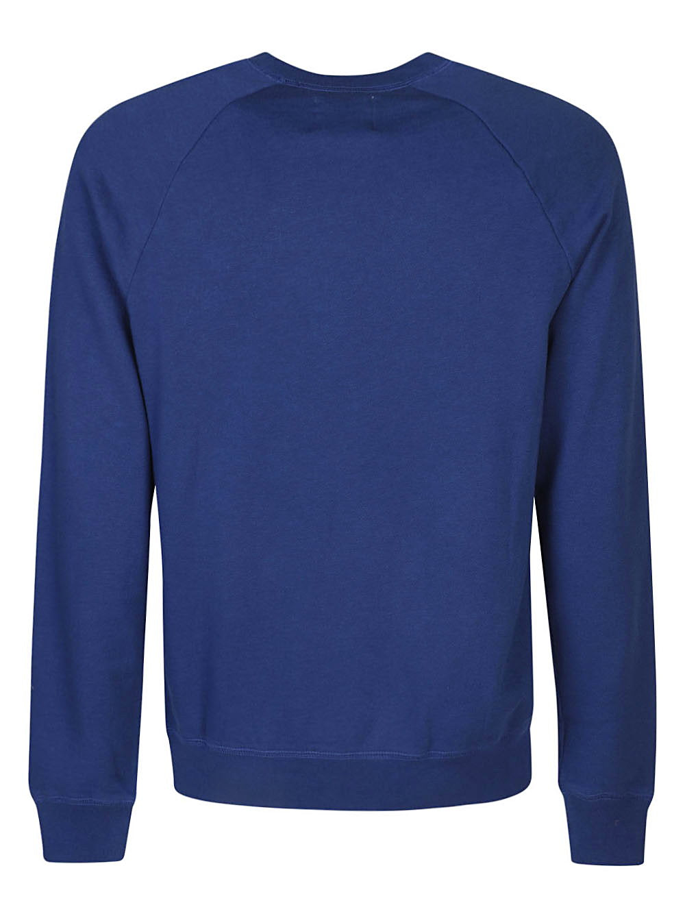 Achterkant van de blauwe Cunha sweater met raglannaad en geribde zoom
