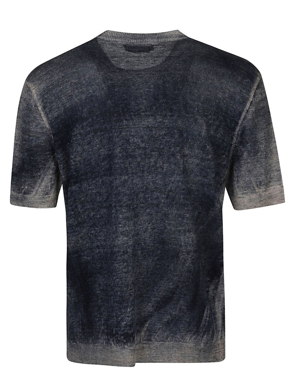 Achterkant van het gebreide shirt met verloop van blauw naar zandgrijs