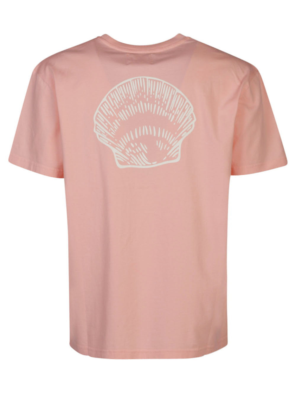 Achterkant van het zalmroze T-shirt met grote ecru schelpprint