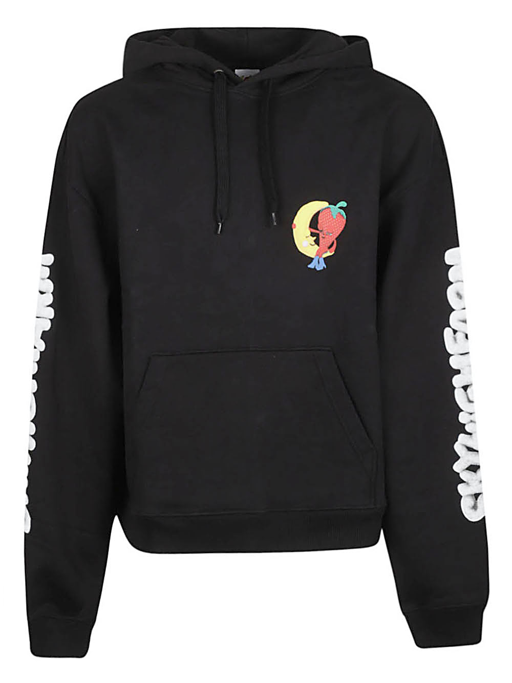Zijaanzicht van de hoodie met ruime blokvormige pasvorm