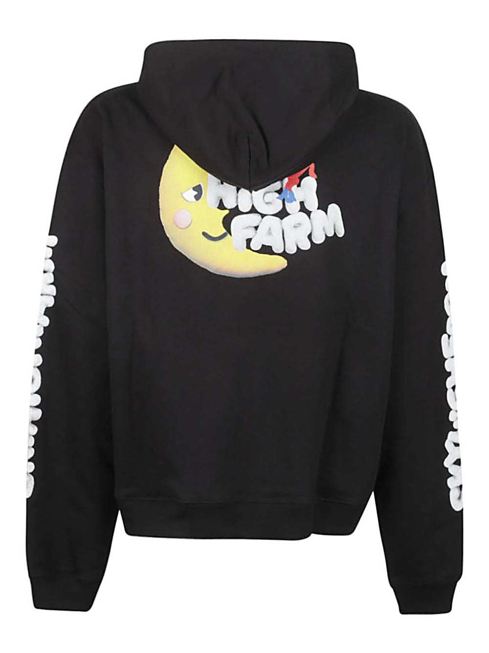 Zwarte hoodie plat gefotografeerd met kangoeroezak en mouwprint