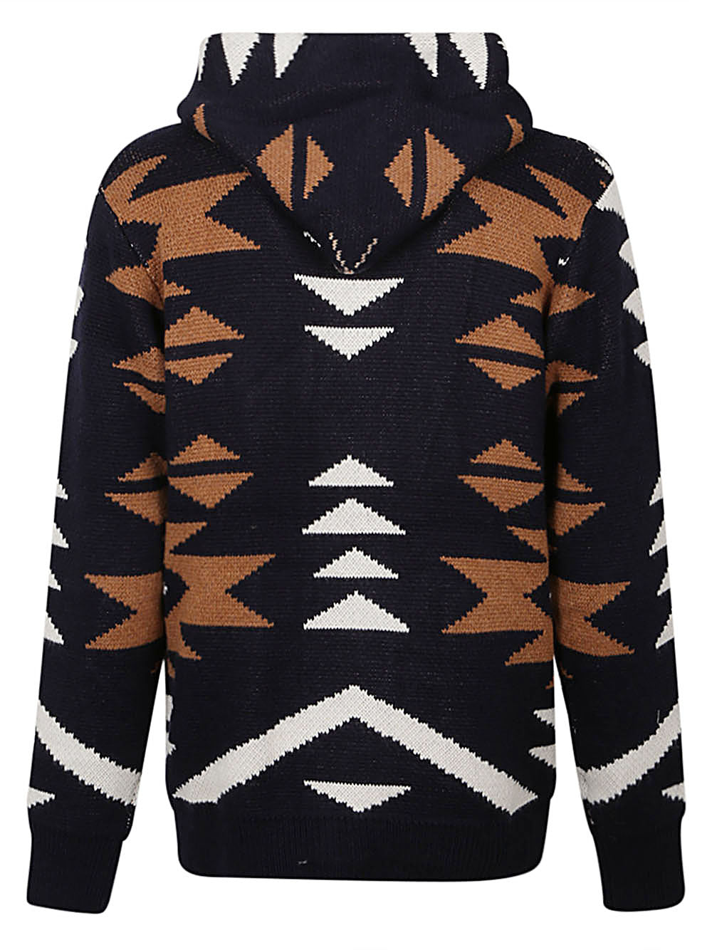 Achterkant van het marineblauwe Uxmal vest met groot symmetrisch chevronmotief