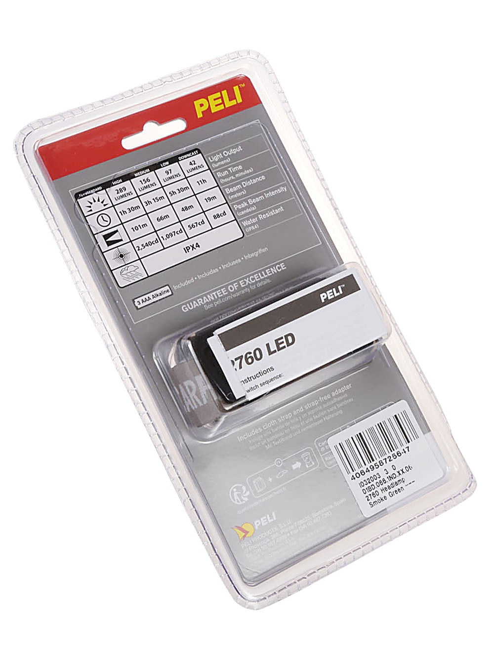 Achterkant van de verpakking met de specificatietabel van de Peli 2760 hoofdlamp
