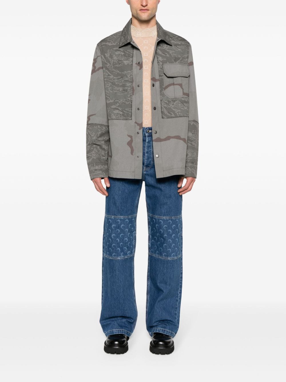 Marine Serre Ripstop Classic-Collar Shirt Jacket Grey Jackets Marine Serre