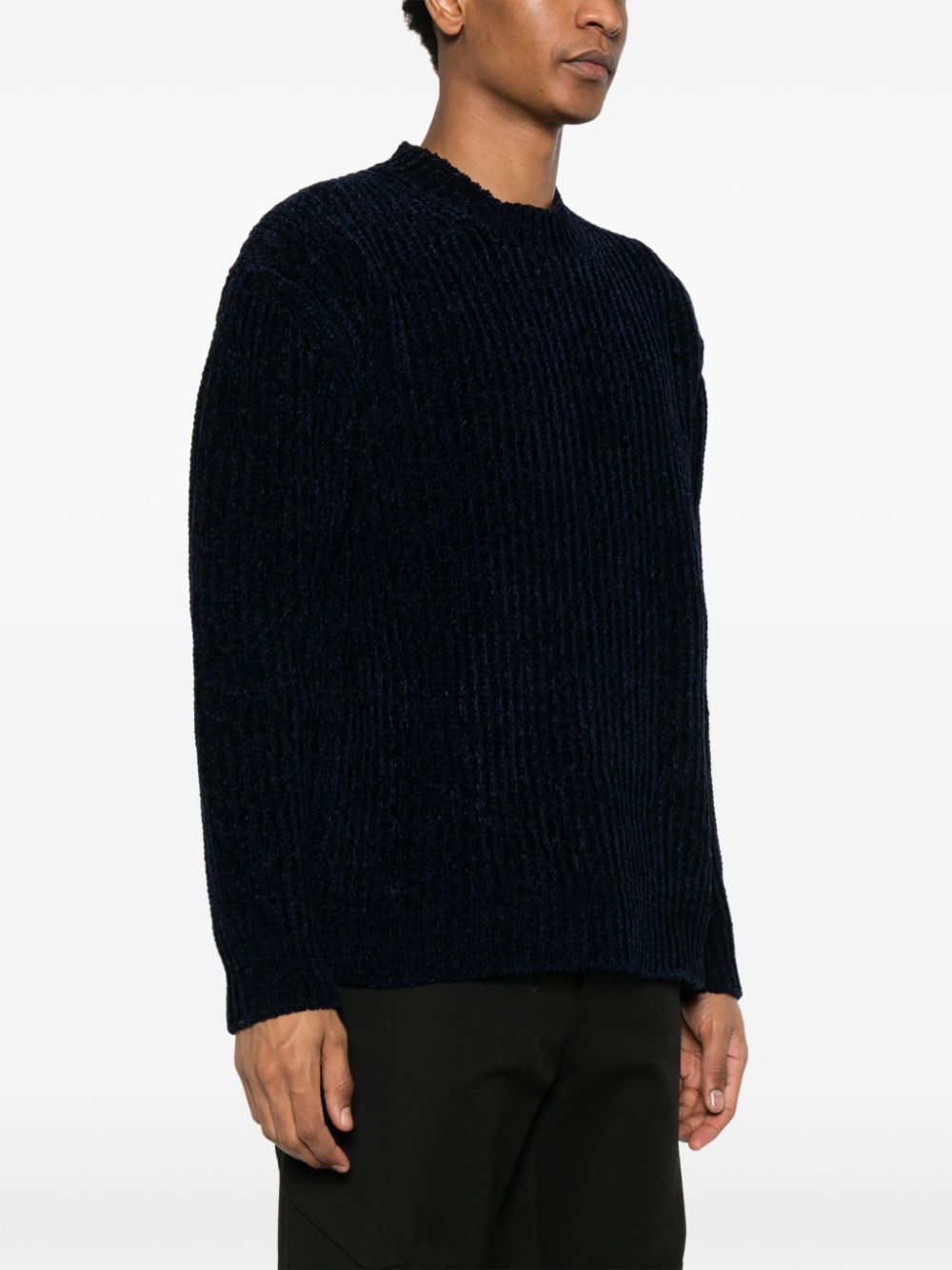 Junya Watanabe MAN Geribbelde Wolmix Crewneck Trui Marineblauw – detail manchet