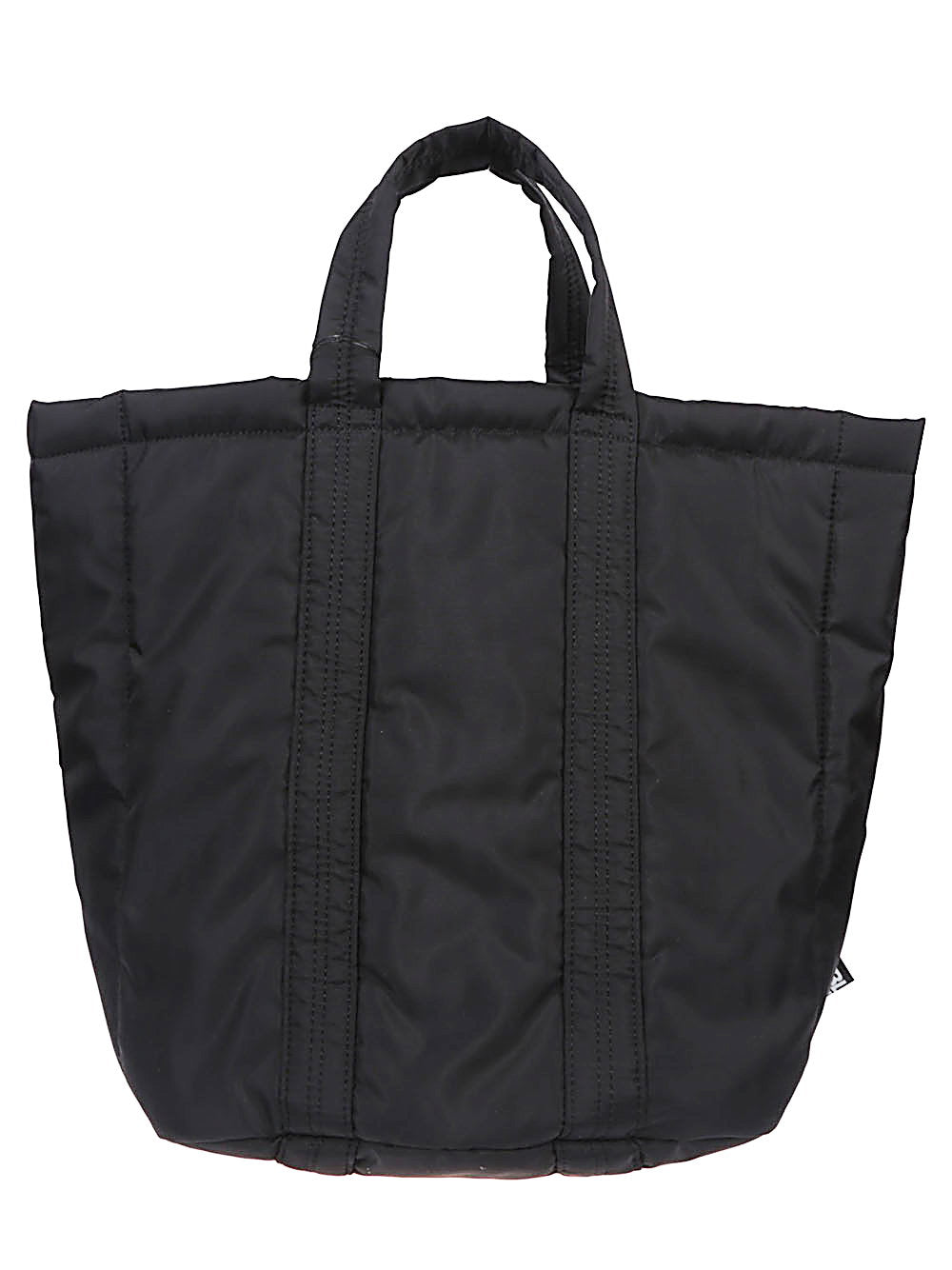 Zijaanzicht van de emmervormige zwarte nylon tote
