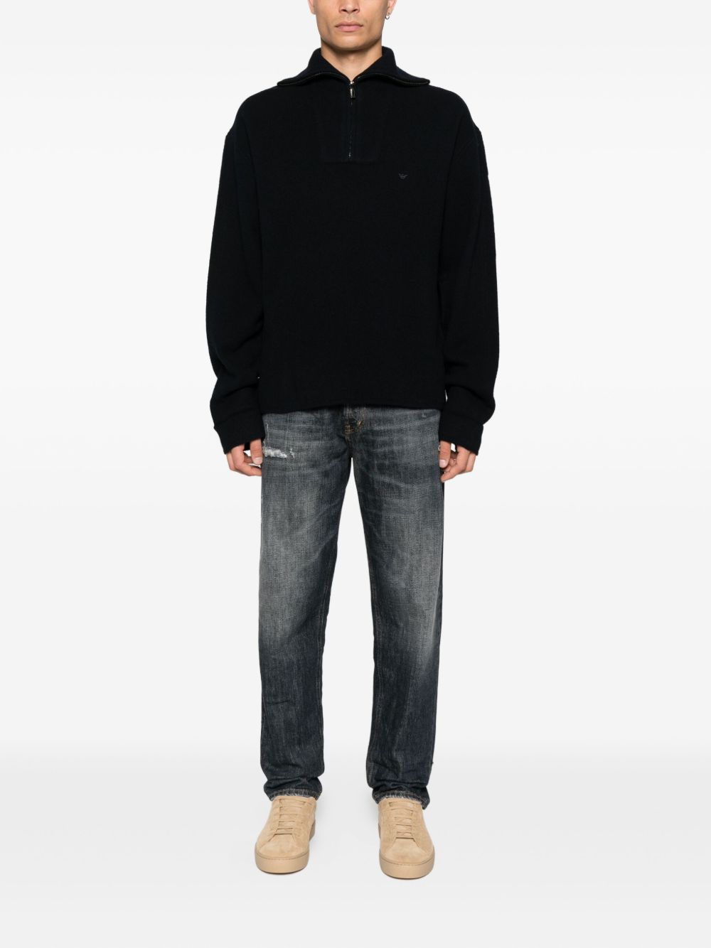 Emporio Armani Virgin Wool Geribbelde Halfzip Trui Zwart – detail manchet