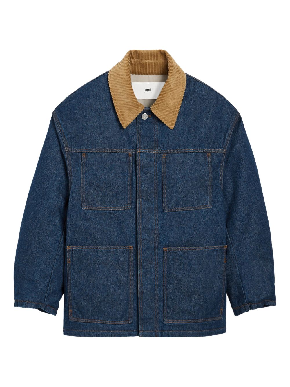 Ami Paris Worker Denim Jacket Corduroy Kraag Camel Gewatteerd Blauw Jackets Ami Paris