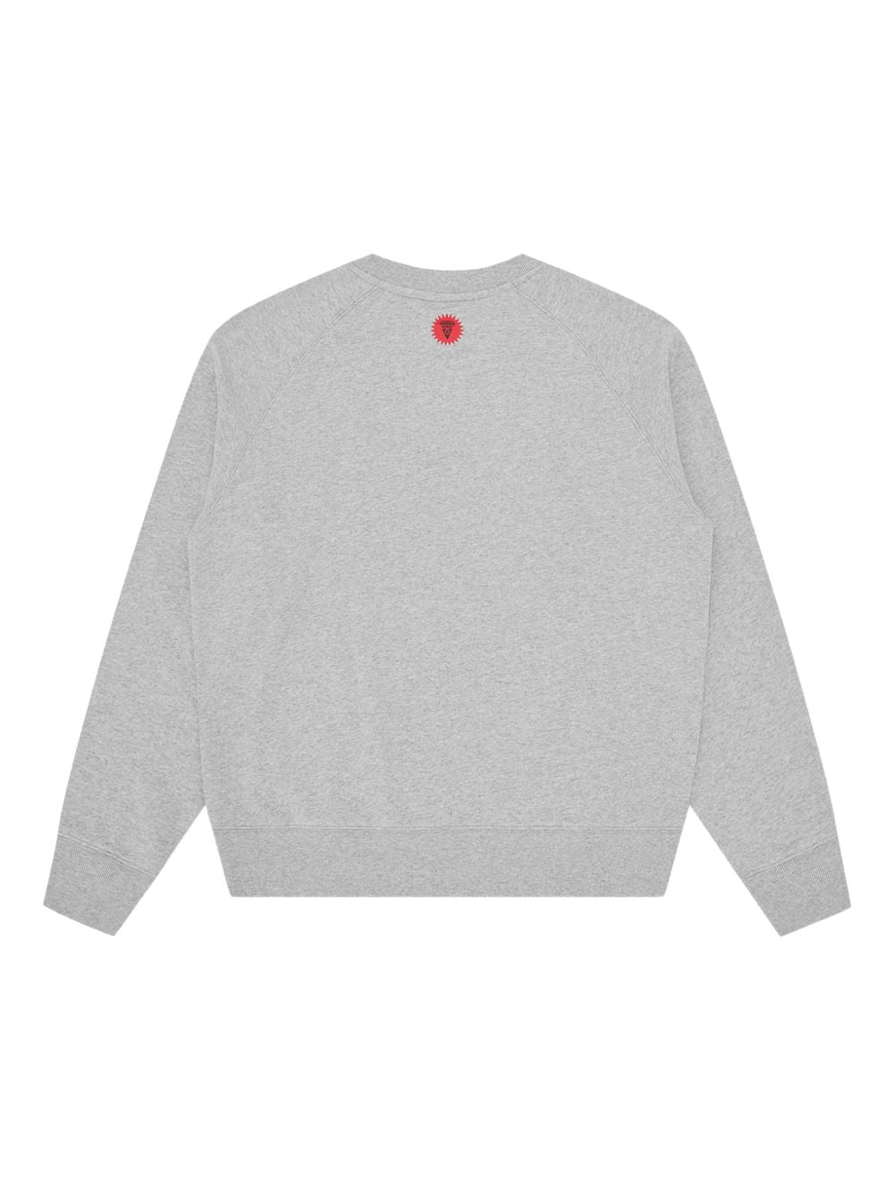 Achterzijde van de grijze Icecream sweater met klein rood diamantembleem onder de hals