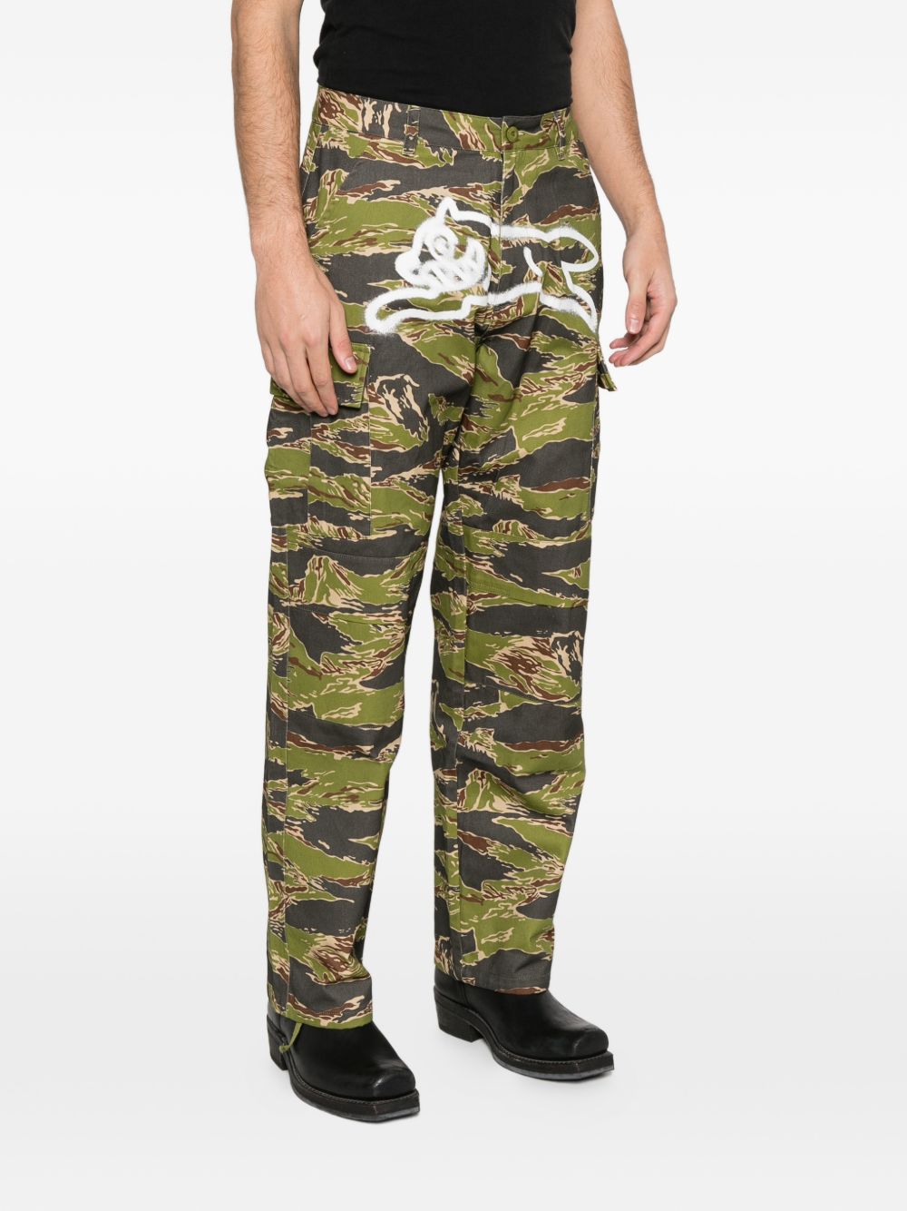 Icecream Tiger Stripe Camo Cargobroek met Running Dog-Print Groen-Bruin Trousers Icecream
