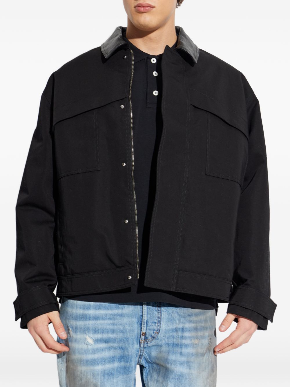 Golden Goose Gewatteerd Katoenen Jack met Leren Kraag Zwart Jackets Golden Goose
