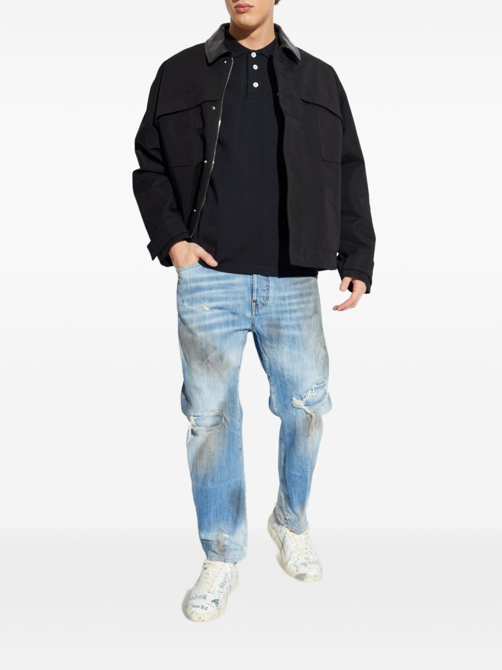 Golden Goose Gewatteerd Katoenen Jack met Leren Kraag Zwart Jackets Golden Goose