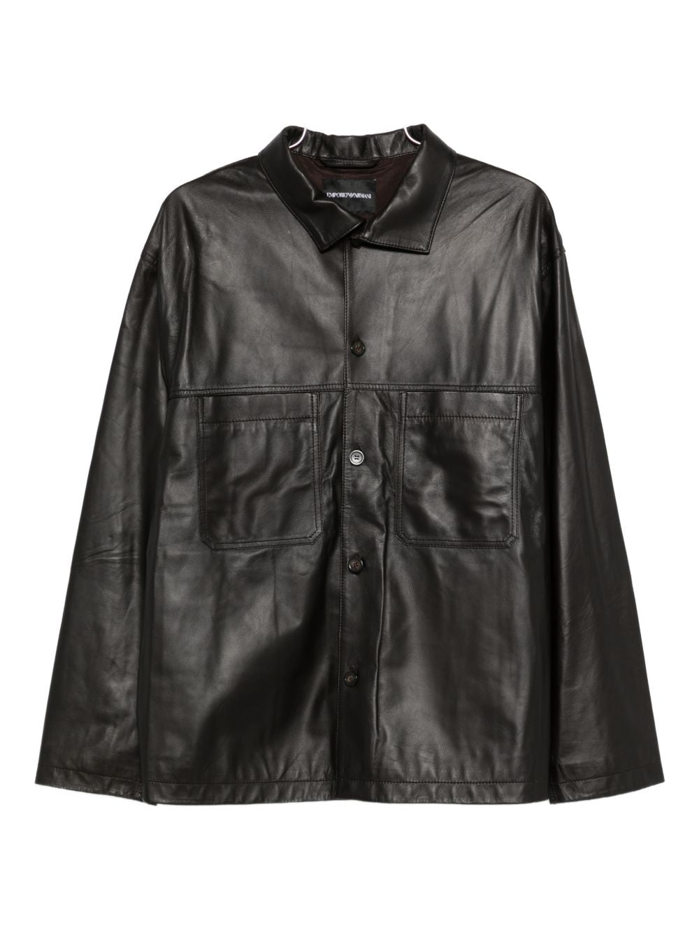 Donkerbruin Emporio Armani leren overshirt met twee borstzakken, vooraanzicht