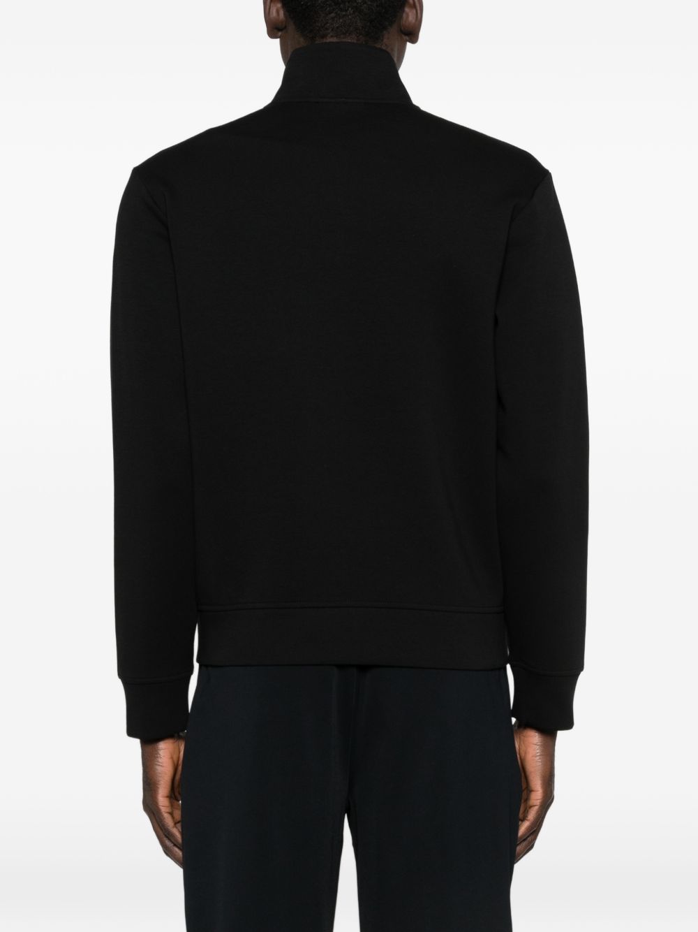 Achterkant van de Emporio Armani zip-sweater in effen zwart double jersey