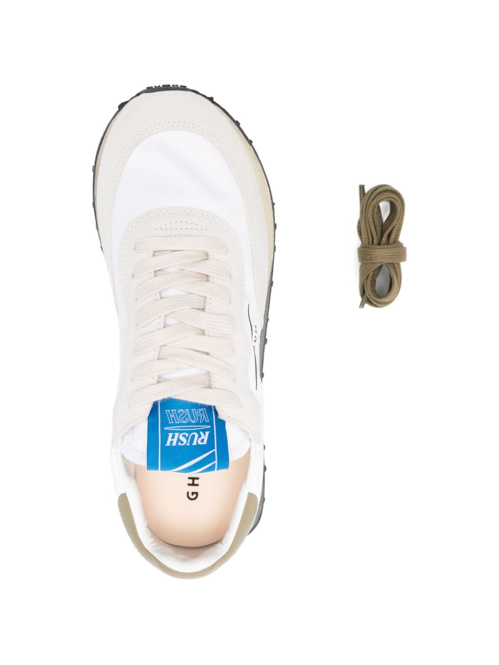 Bovenaanzicht met blauw Rush inlegzoollabel en extra kaki veters