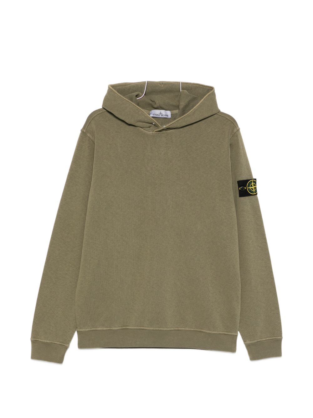 Stone Island hoodie legergroen plat gelegd vooraanzicht met kompasbadge