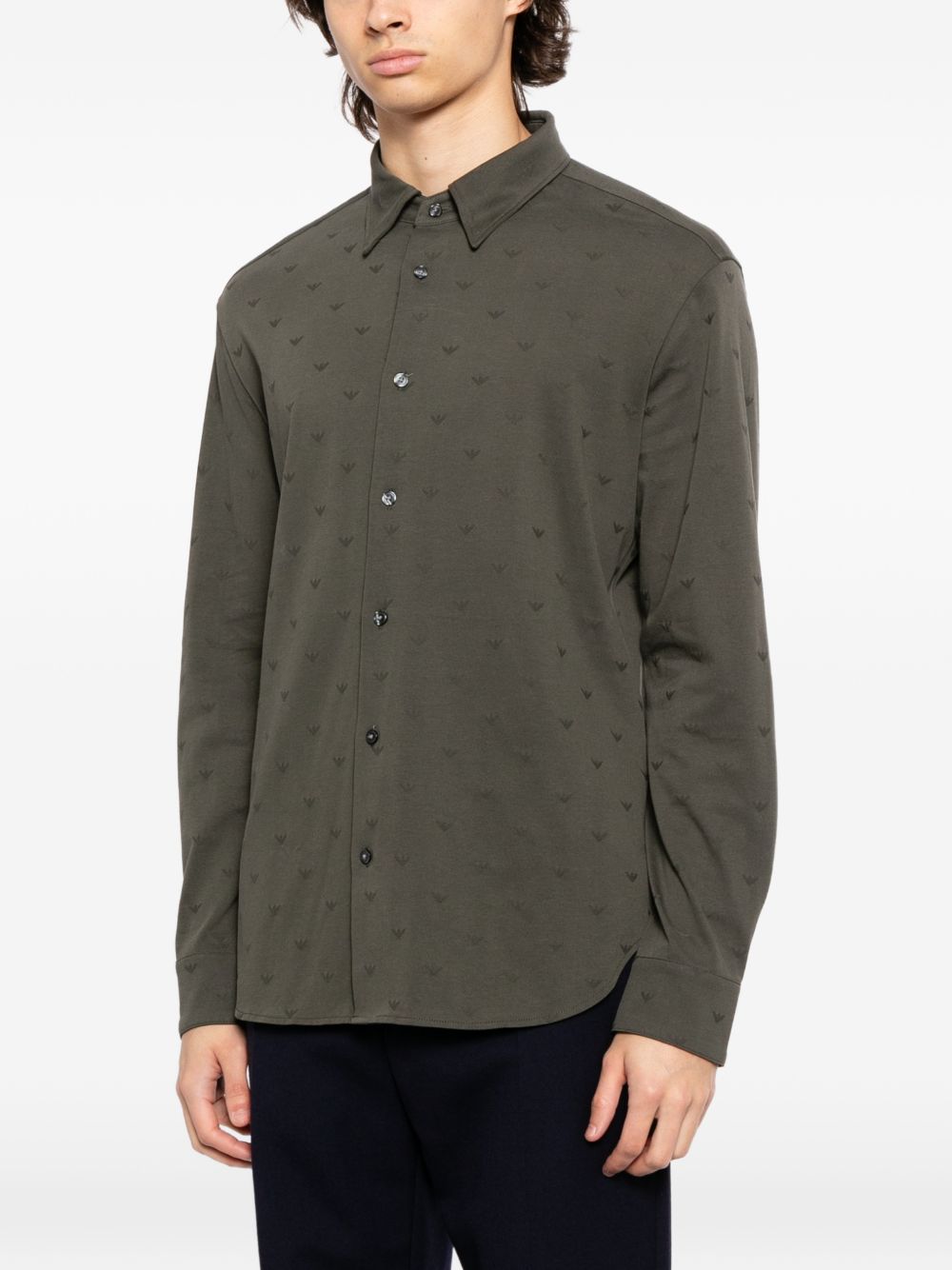 Emporio Armani Slim-Fit Micro-Eagle Jacquard Jersey Overhemd Olijfgroen Shirts Emporio Armani