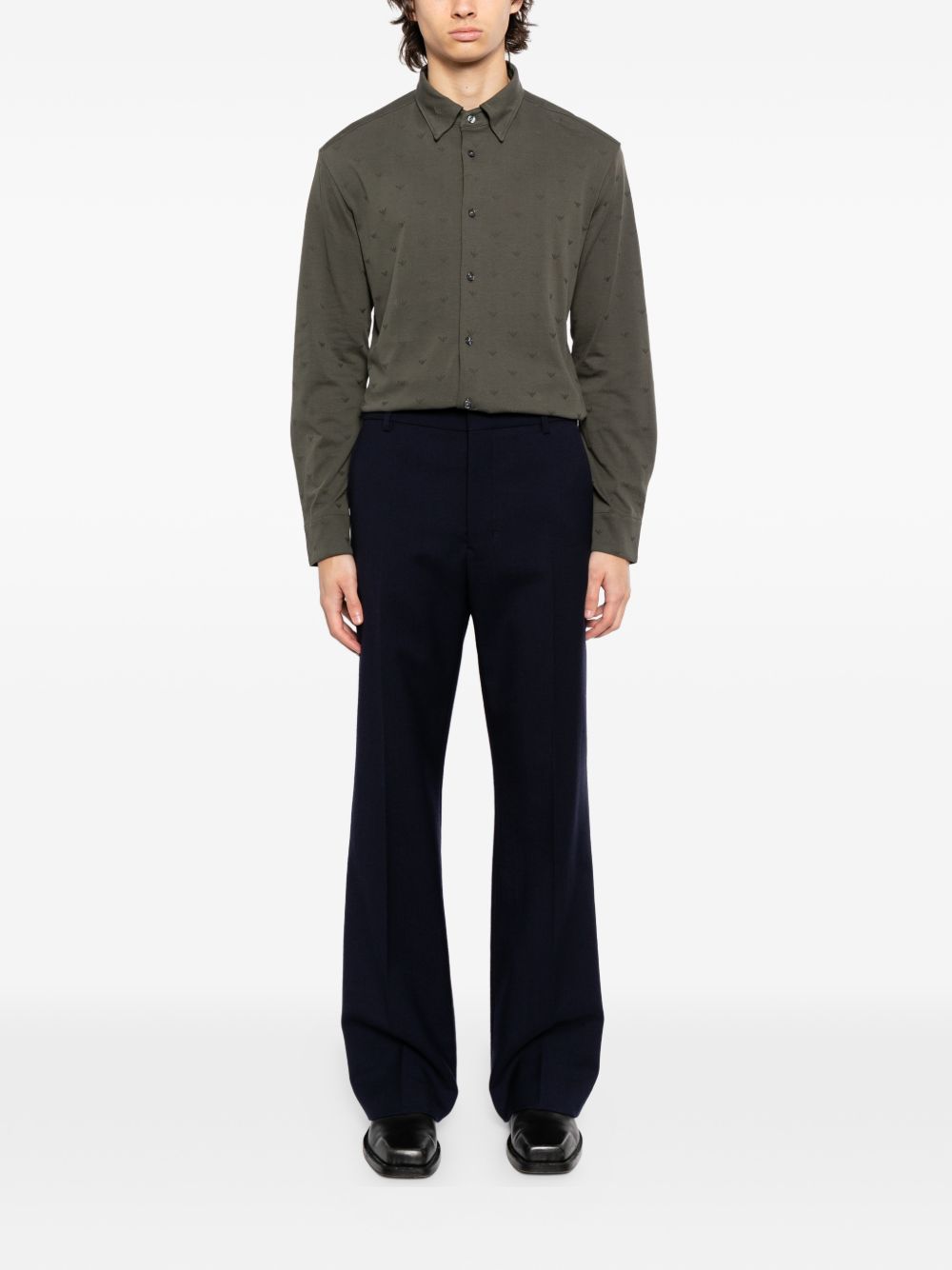 Emporio Armani Slim-Fit Micro-Eagle Jacquard Jersey Overhemd Olijfgroen Shirts Emporio Armani