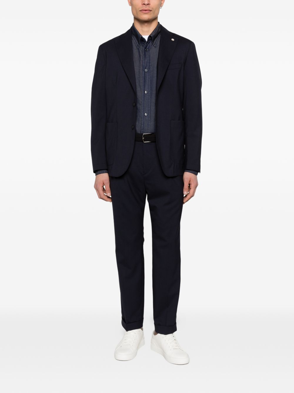 Emporio Armani navy denim-look overhemd detail puntkraag en knoopsluiting