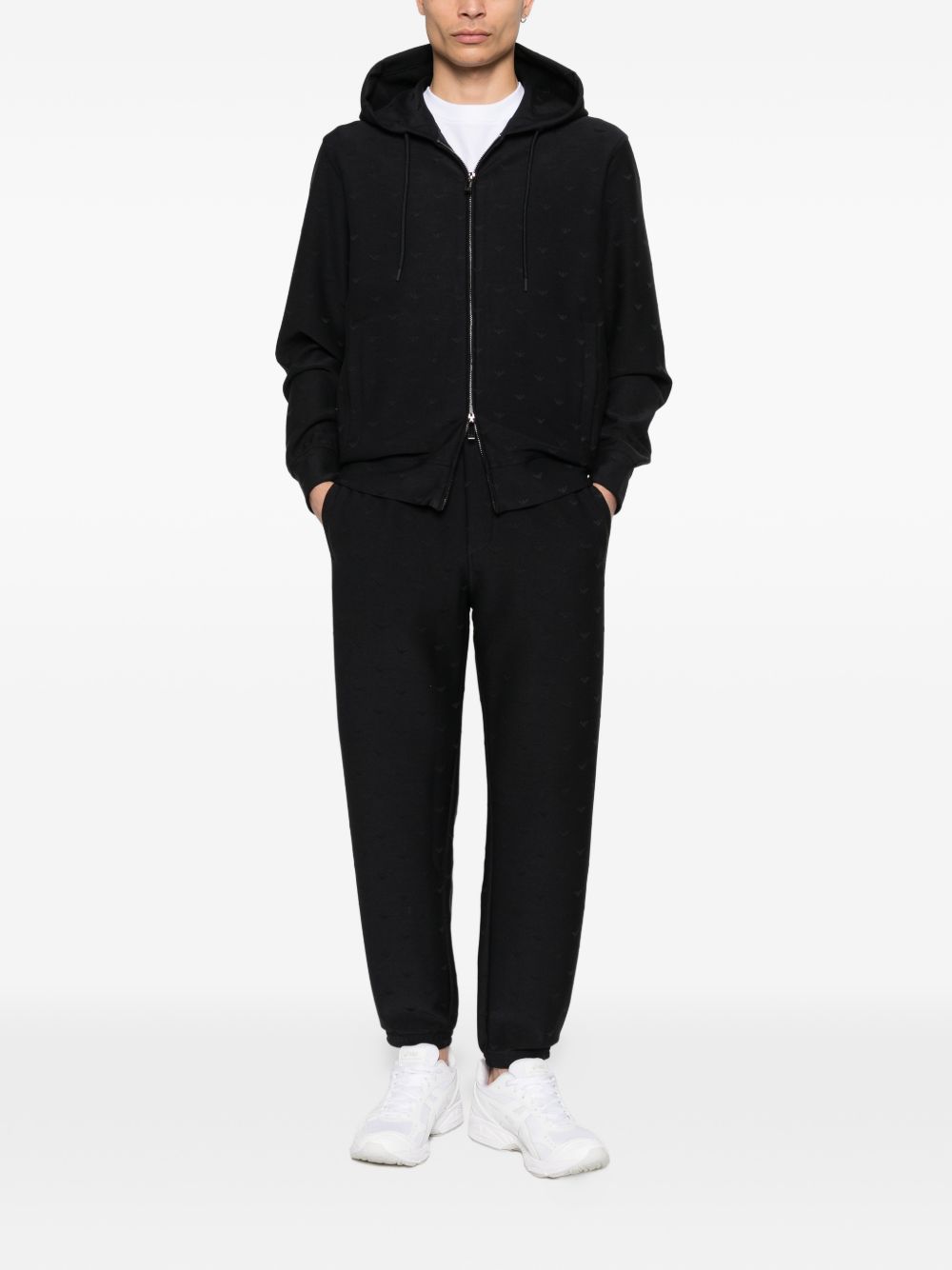 Emporio Armani Travel Essential Hoodie met All-Over Logo Zwart Topwear Emporio Armani