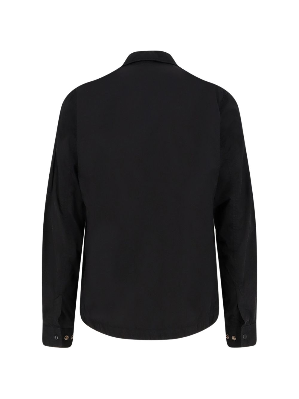 Achteraanzicht van het zwarte Chrome-R overshirt met geknoopte manchetten