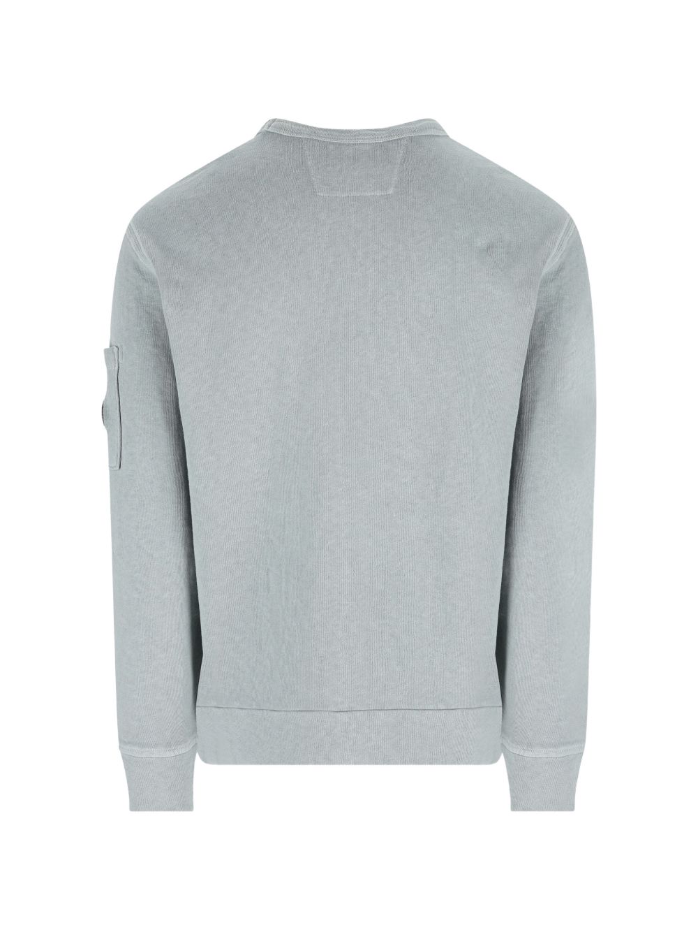 Achterkant van de zilverblauwe sweater met geribde manchetten en zoom