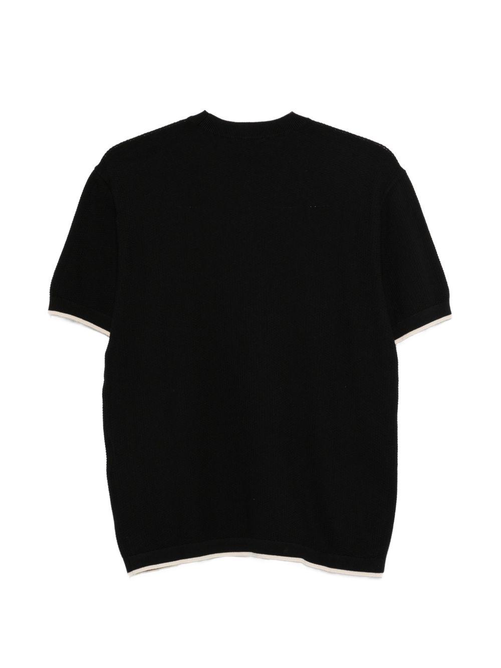 Detail van het zwarte gebreide Emporio Armani T-shirt met contrastbies en tonaal adelaarborduursel
