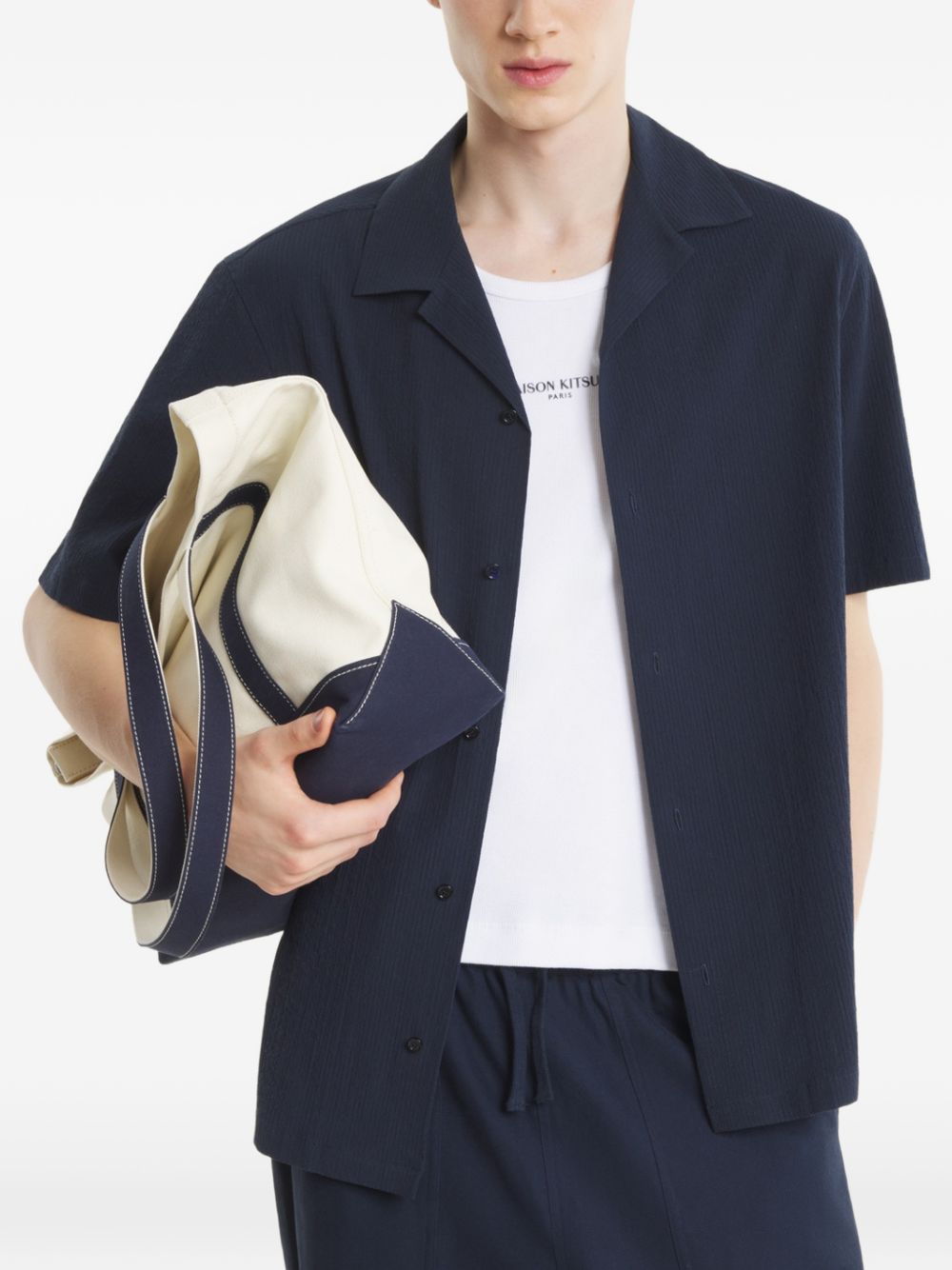 Maison Kitsuné Seersucker Resort Overhemd Marineblauw-thumbmail-2