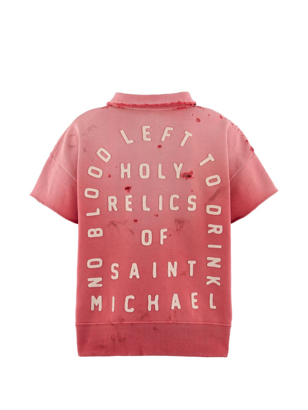 Saint Mxxxxxx sweatpolo rood, achterzijde met tekst in cirkelvorm over de hele rug
