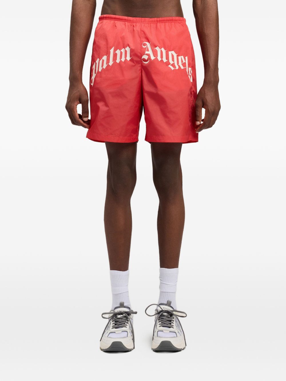 Palm Angels Curved Logo Swim Shorts Red-2