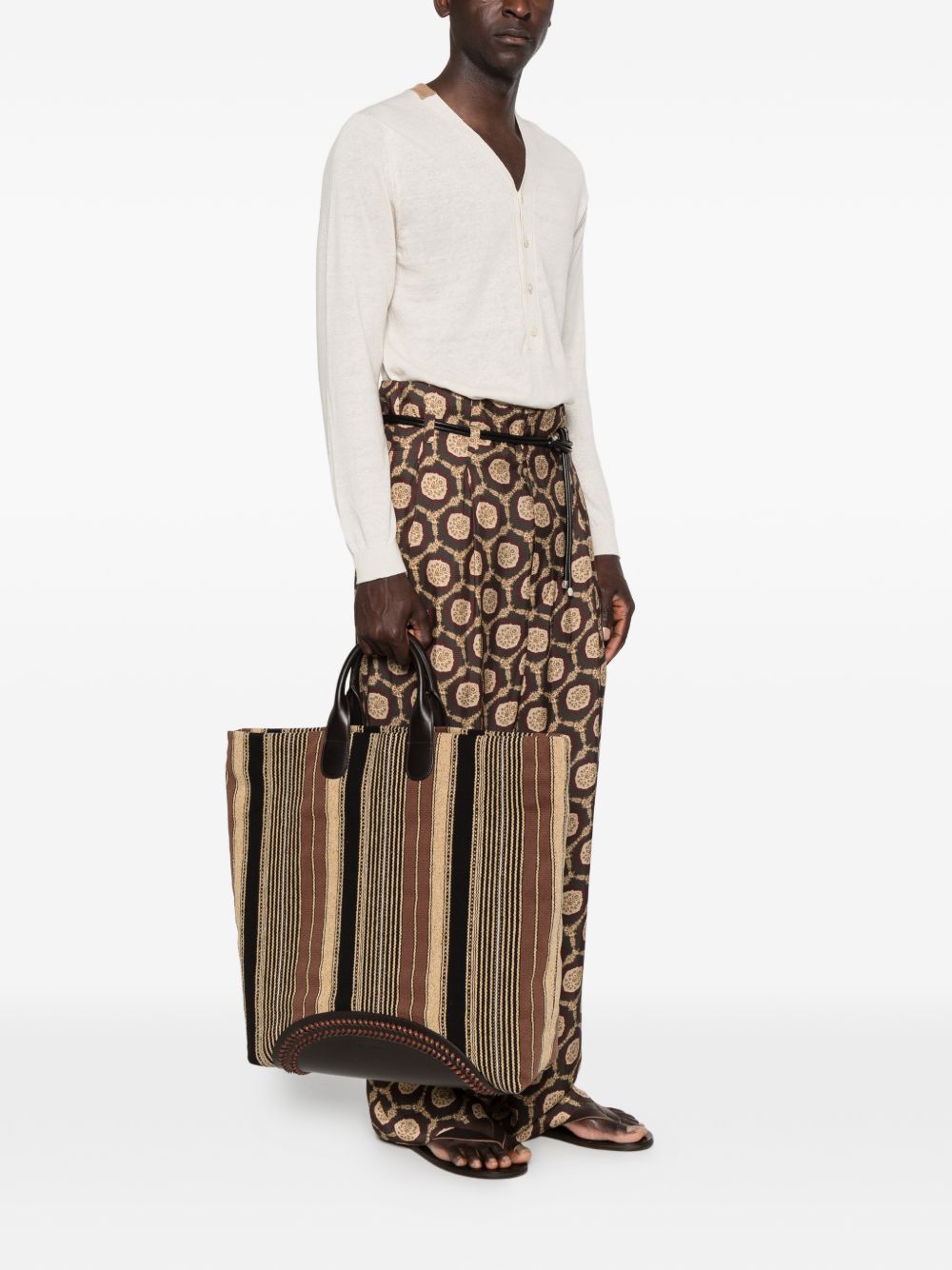 Emporio Armani Gestreepte Shopper Tas met Leren Afwerking Bruin Shopper Emporio Armani