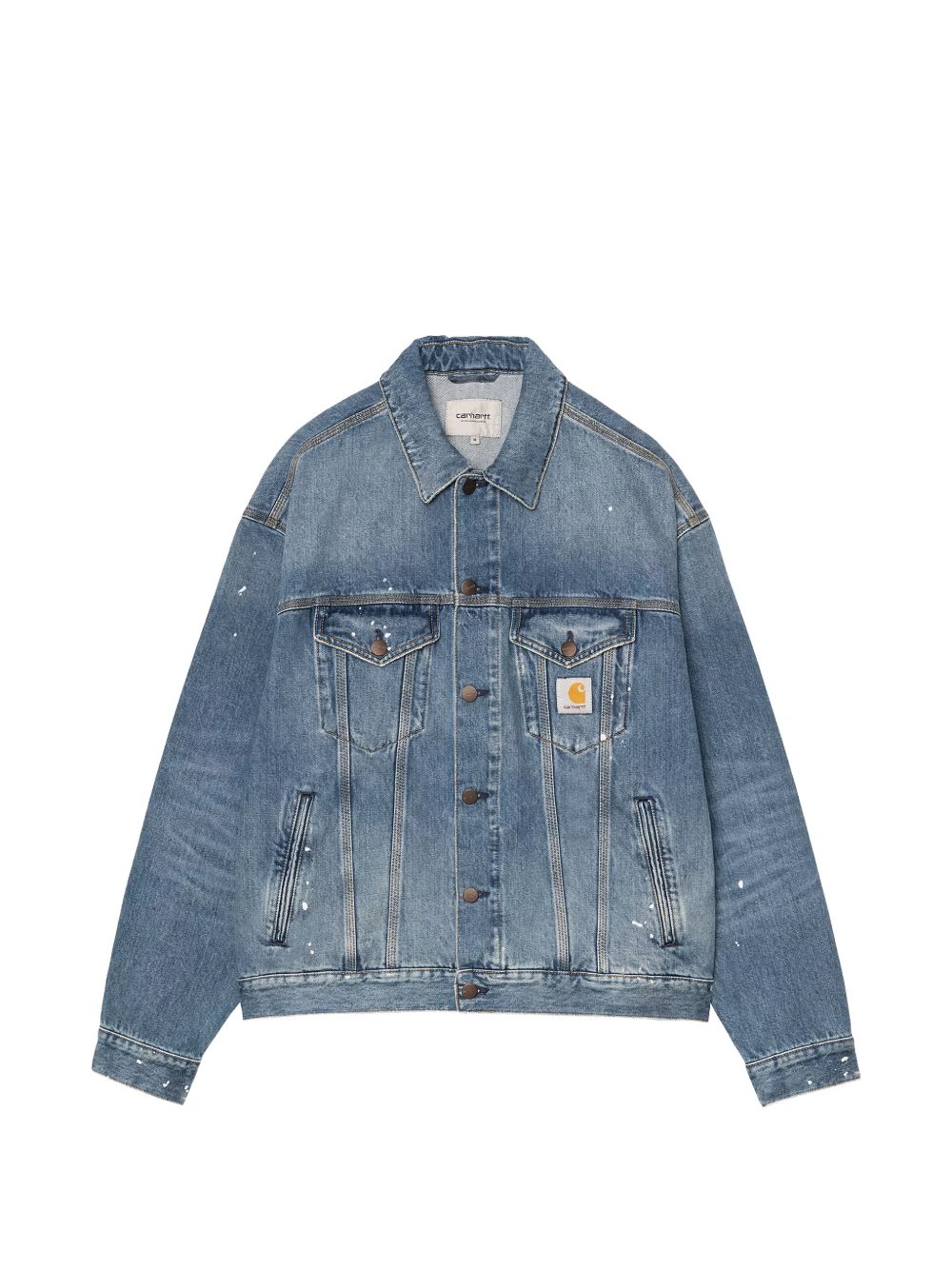 Carhartt WIP Helston Jacket blauw denim - vooraanzicht met puntkraag en knopensluiting