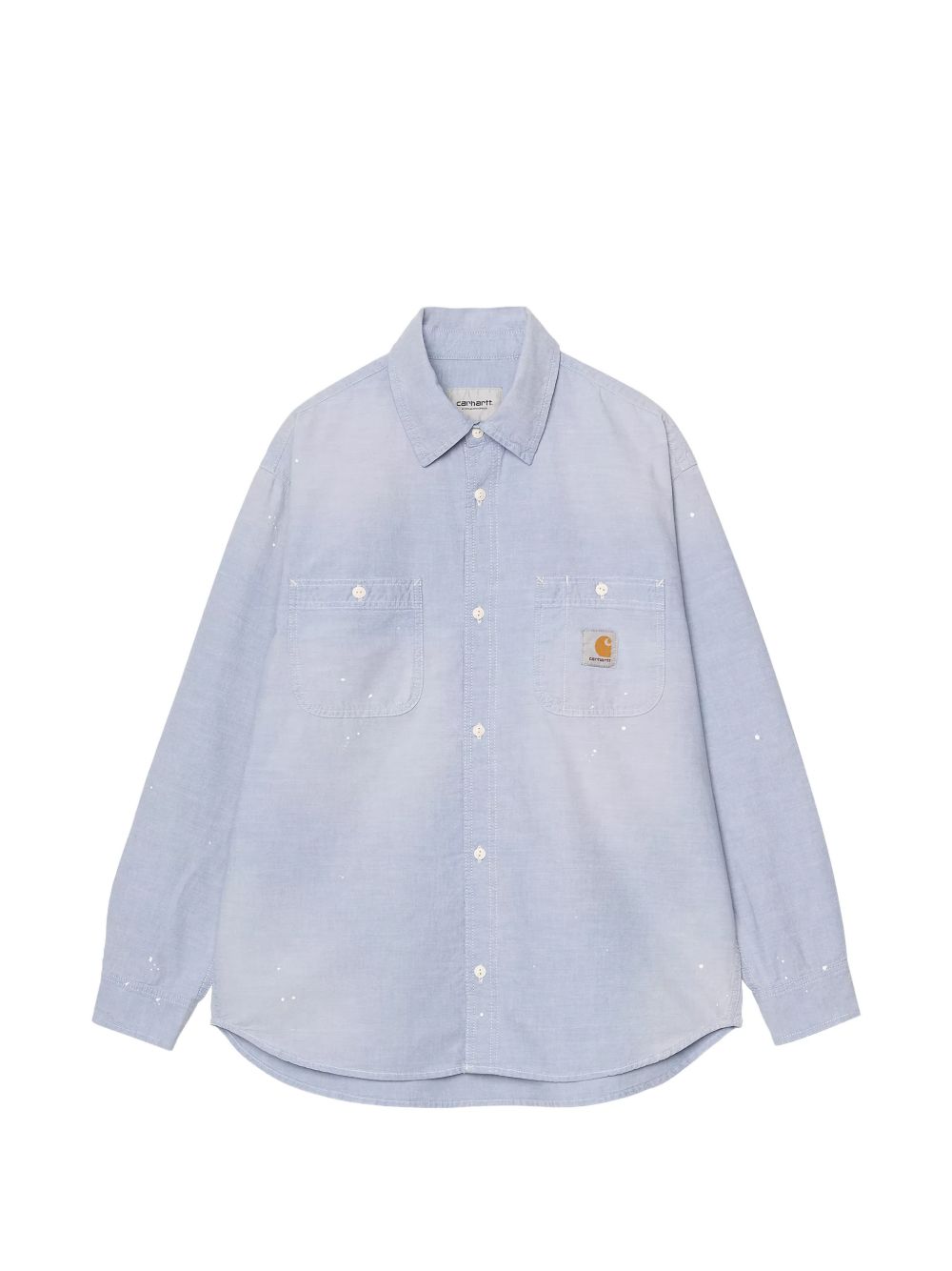 Carhartt WIP lichtblauw chambray overhemd met verfspatten en twee borstzakken, vooraanzicht