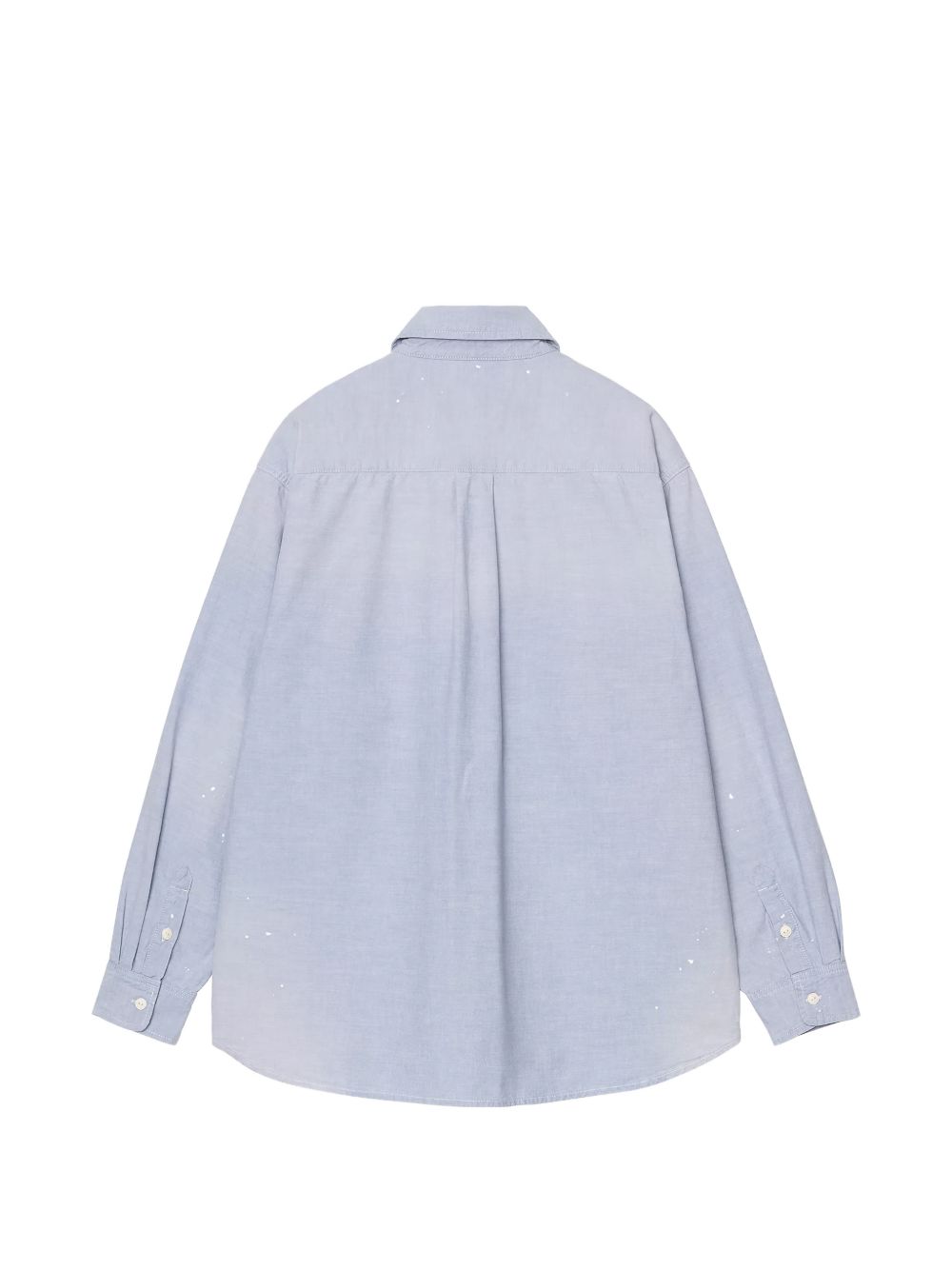 Achterzijde van het chambray overhemd met pasje, middenplooi en afgeronde zoom