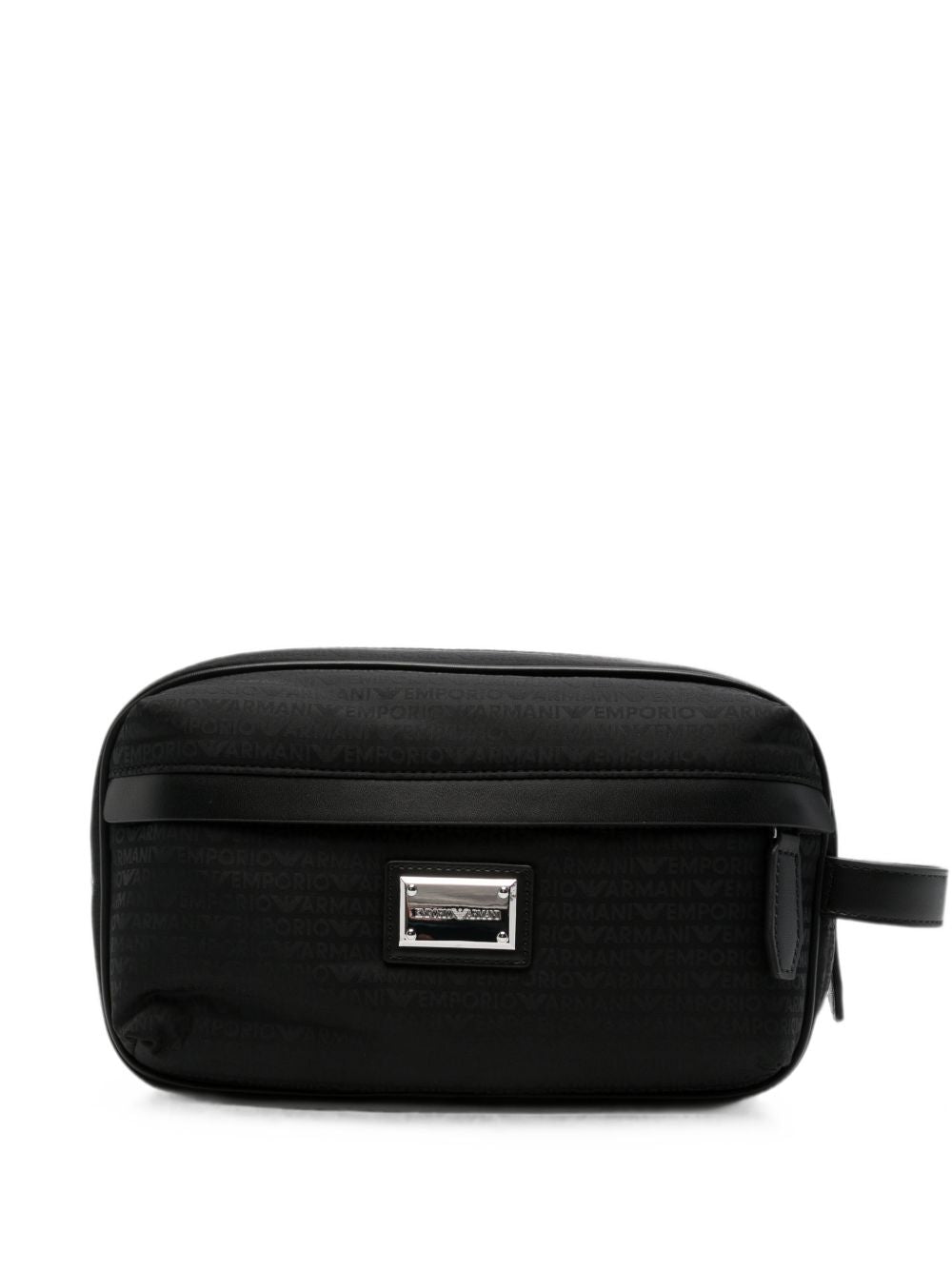 Zwarte Emporio Armani toilettas van nylon met logopatroon en metalen naamplaatje