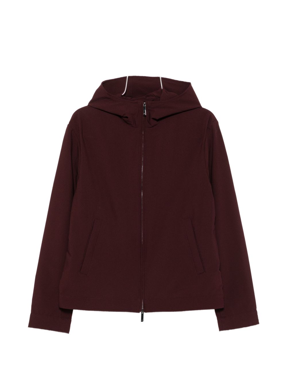 Emporio Armani nylon blouson bordeaux, vooraanzicht met capuchon
